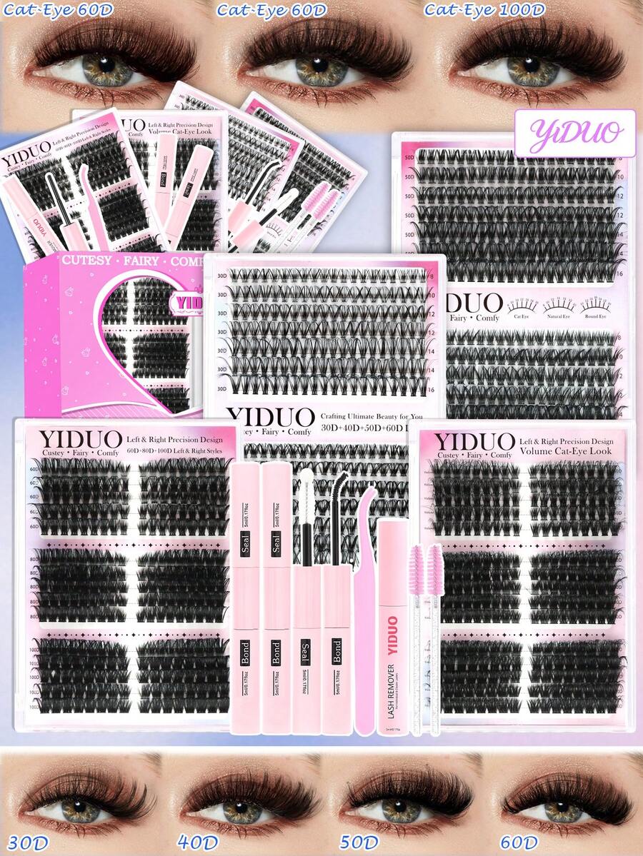 YIDUO 980pcs 6-Style Mixed Cluster Eyelash Extension Set, 80D-300D Pointed Base Dense D-Curl Lashes 5-20mm, Complete DIY Kit With 2 Bottles Of Adhesive & Sealer, Remover, Tweezers And Brush, Suitable For Home Use - Multicolor - View 1