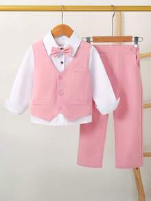 Young Boy Spring/Autumn New Bow Tie Shirt, Solid Color Vest, Straight Leg Pants 3-Piece Gentleman Suit Set, Suitable For Banquets, School Opening Season, School Events, Parties, Performances And Other Formal Occasions - Pink - View 2