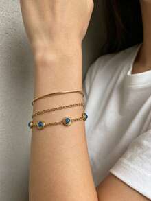 18K Gold Evil Eye Blue Glass Dainty Bracelet, Waterproof Stainless Steel Lucky Thin Chain Boho Jewelry Gift For Ladies - Evil Eye Bracelet - View 3
