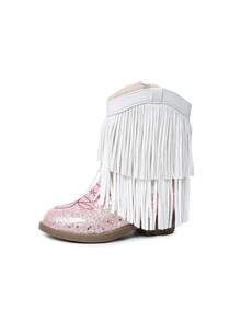 NILOSH Girls' Sequin Tassel Denim Boots, Western Mid-Calf Boots, Suitable For Party, Dance And Performance - White - View 22