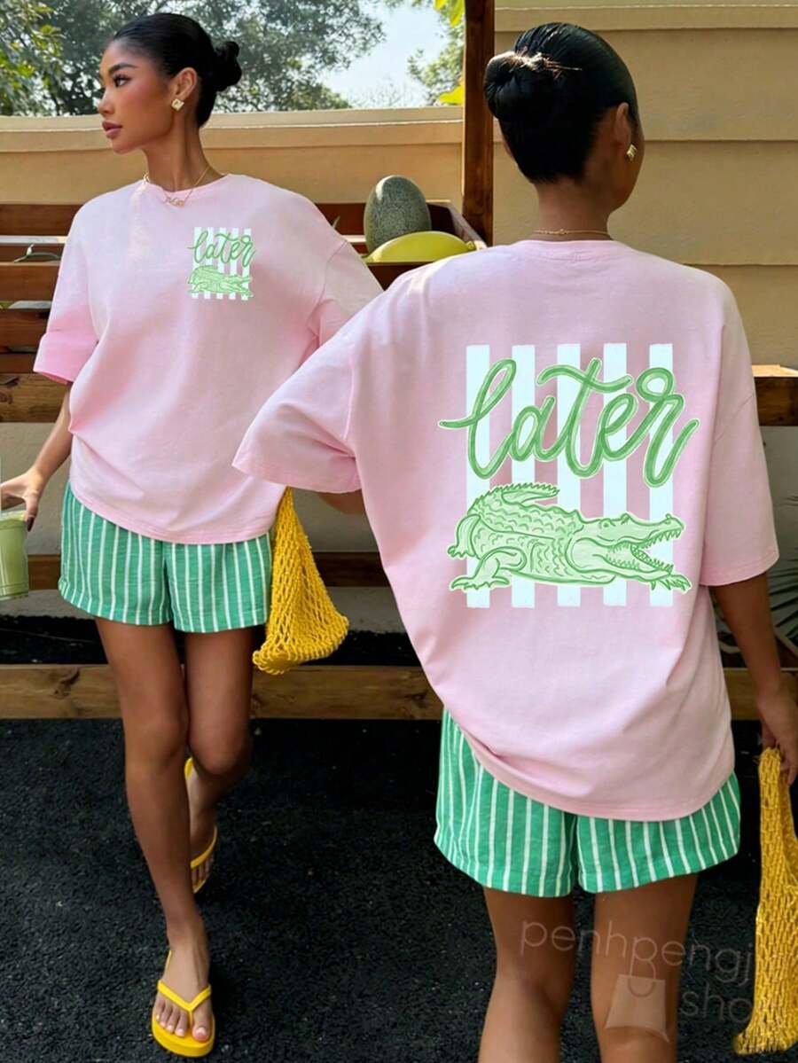 Women's Later Gator Funny Pun Cute Crocodile Casual Oversized Graphic Tee, Last Day Of School, 4th Of July, Vacation, Summer Tops, Teacher Outfits - 粉色 - 查看 1