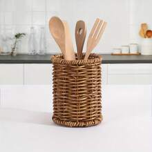 1pc Handmade Rattan Woven Kitchen Utensil Storage Bucket, Nordic Style Tableware Organizer, Home Multifunctional Cookware Storage Basket, Vintage Faux Rattan Pen Holder, Office Student Desktop Makeup Brush Storage Bucket, Home Miscellaneous Items Chopsticks Holder - View 1