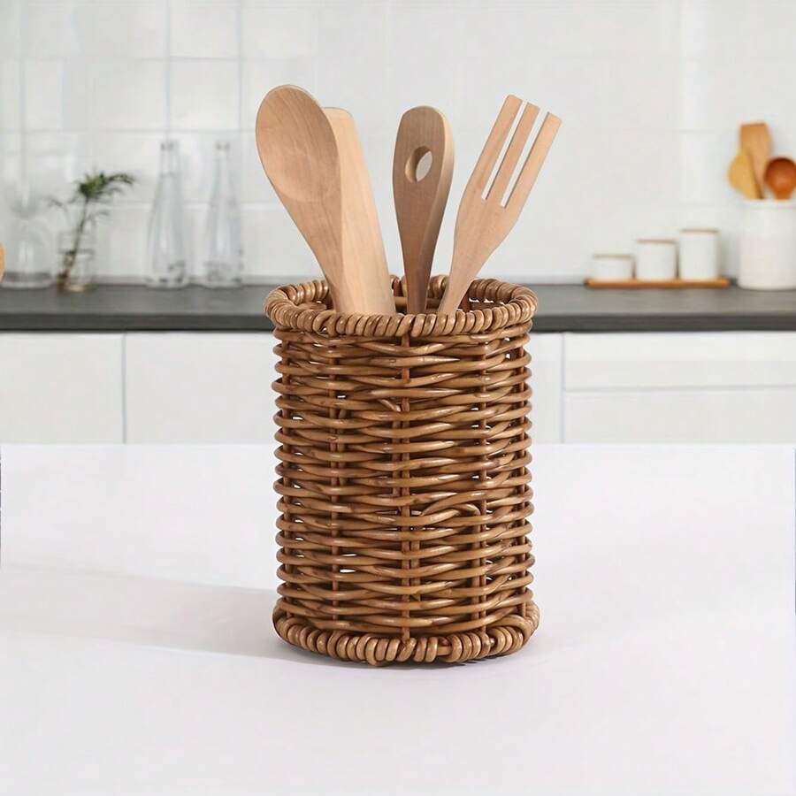 1pc Handmade Rattan Woven Kitchen Utensil Storage Bucket, Nordic Style Tableware Organizer, Home Multifunctional Cookware Storage Basket, Vintage Faux Rattan Pen Holder, Office Student Desktop Makeup Brush Storage Bucket, Home Miscellaneous Items Chopsticks Holder - View 1