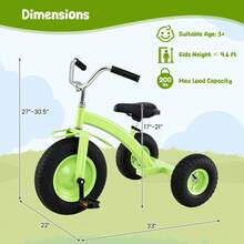 Kids Tricycle W/15 Inch Inflatable Rubber Tires Adjustable Handlebar & Seat - Green - View 2