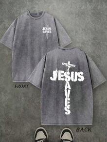 Jesus Graphic Print T-Shirt 'God Has A Plan', Double-Sided Print, Washed T-Shirt, Party Favors, Y2K Graphic Tees For Men, Vintage Washed Style T-Shirts - Gray 1 - View 1