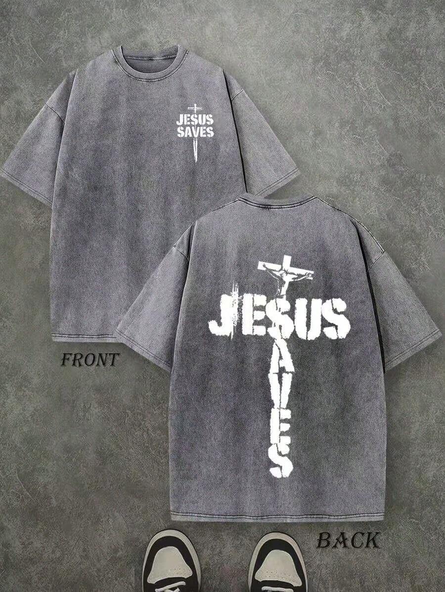 Jesus Graphic Print T-Shirt 'God Has A Plan', Double-Sided Print, Washed T-Shirt, Party Favors, Y2K Graphic Tees For Men, Vintage Washed Style T-Shirts - Gray 1 - View 1