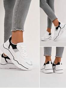 Damen-Sneaker mit Glitzer-Einsätzen, Sportschuhe, Schnürsenkel, Mesh + Kunstleder, dicke Sohle. - Schwarz - Übersicht 2