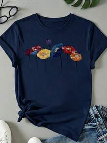 Women's Round Neck T-Shirt, Colorful Flowers Abstract Art Graphic, Casual And Fashionable Style, Suitable For Outdoor Sports And Holiday Gifts - 藏蓝色 - 查看 7