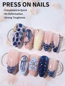 24片長杏仁形3D凝膠美甲貼，花卉設計與珍珠裝飾，法式美甲風格，含1片雙面膠帶與1片指甲锉，適合短指甲、海洋風美甲、沙灘風美甲、夏季美甲 - 彩色 - 查看 3