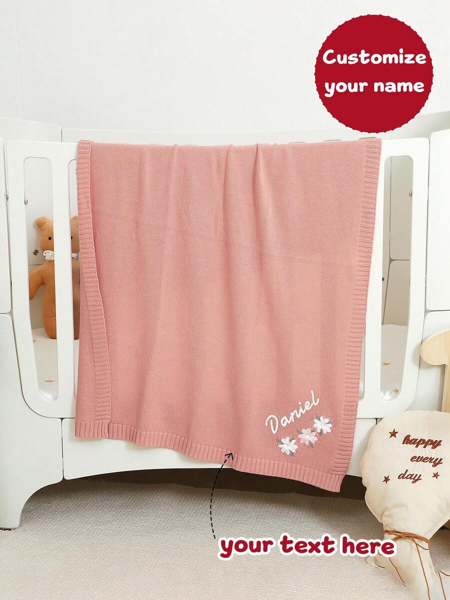 1pc Customizable Name Hand-Embroidered Baby Knitted Blanket, Exquisite Pastoral Style Embroidered Comfortable Minimalist Children's Blanket, All-Season Baby Stroller Blanket - Pink - View 1