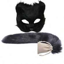 1pc/Set-Animal Costume Props, Cat Fox Mask, Fluffy Tail Decoration, Cosplay, Cosplay, Long Haired Fox Mask, Tail, Halloween White Plastic Half Face Mask, Makeup Ball, Carnival - Mask Tail - View 15