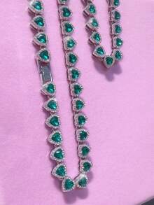 1pc Green Heart-Shaped Rhinestone Tennis Chain Jewelry Set For Women, Silver Metal Luxury Necklace/Bracelet, Suitable For Daily Wear And Parties, Gift For Her - Green Heart - View 4