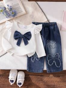 Baby Girl Spring/Autumn Fashion Denim Bow Decor White Ribbed Flutter Sleeve Long Sleeve Top And Frayed Bow Patch Denim Pants Set - White - View 2