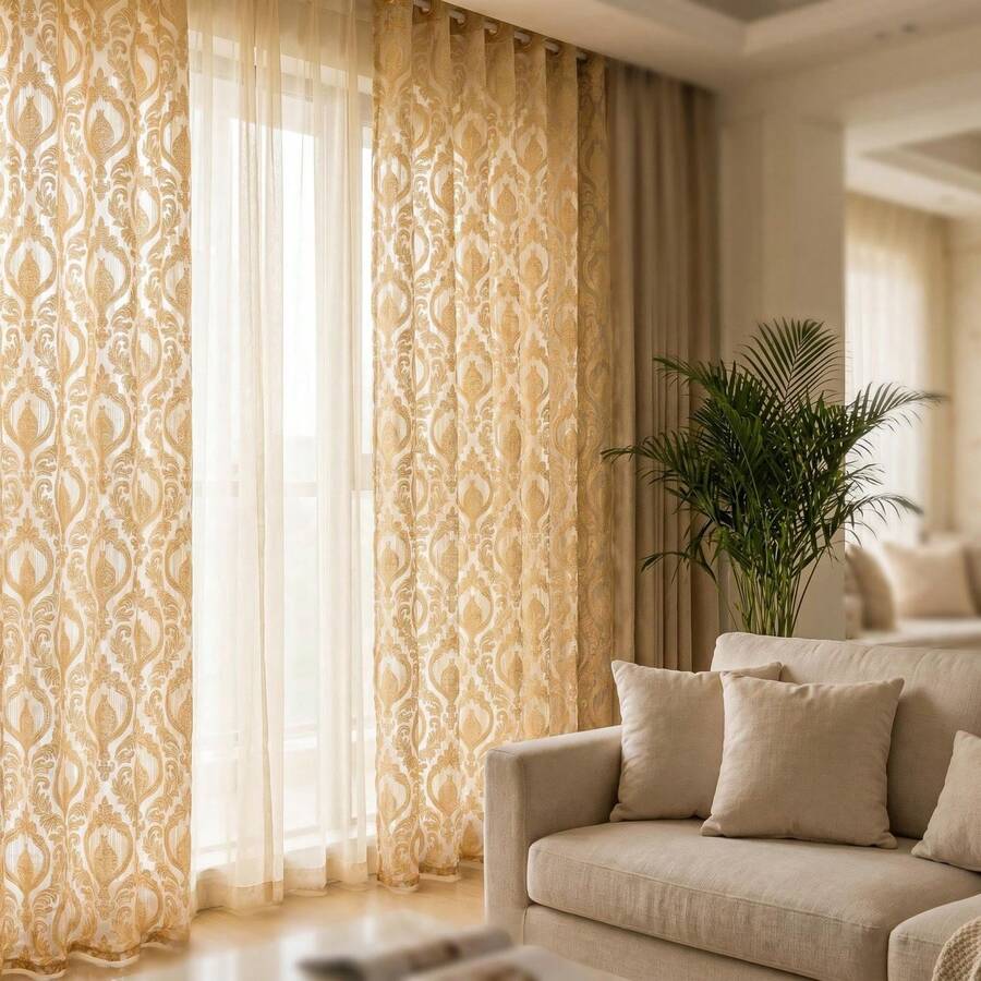1pc European Style Cutout Floral Sheer Curtain, Lightweight Decorative Window Dressing - Gold - View 1