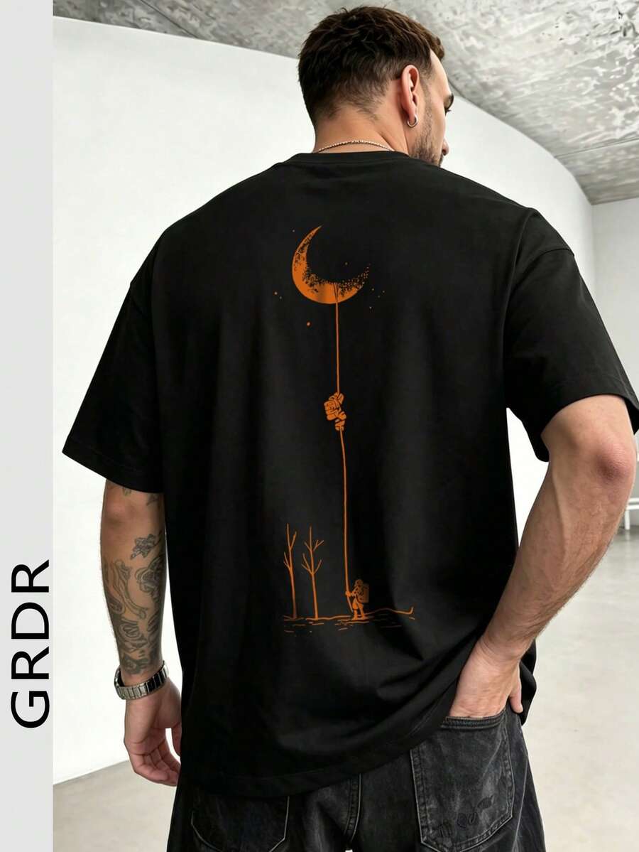 GRDR 男士时尚印花宽松短袖T恤 | 精致设计 | 夏季必备 | 易于搭配，展现您的风格 - 黑色 - 查看 1