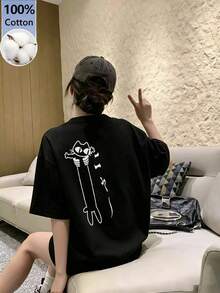 女款日系寬鬆圓領時尚條紋貓咪印花短袖T恤，夏季休閒黑色 - 黑色 - 查看 2