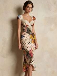 ELYRADIA Robe d'été élégante à imprimé floral et pois - Beige - Voir 4