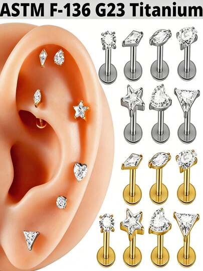 1PC G23 Pure Titanium Star/Heart/Triangle Zirconia Lip Studs 16G Internal Thread Cz Marquise Ear Helix Tragus Cartilage Earrings Body Piercing Jewelry