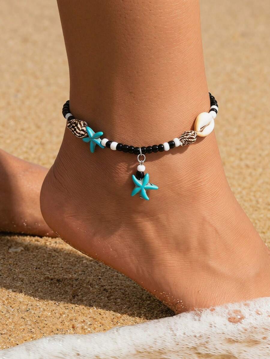 1pc Vacation Beach Starfish Pendant Shell Beaded Anklet For Women Boho Colorful Strand Anklet Accessories Jewelry Gifts - Multicolor - View 1