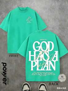 Jesus Graphic Print T-Shirt 'God Has A Plan', Double-Sided Print, Washed T-Shirt, Party Favors, Y2K Graphic Tees For Men, Vintage Washed Style T-Shirts - Danau Hijau - View 1