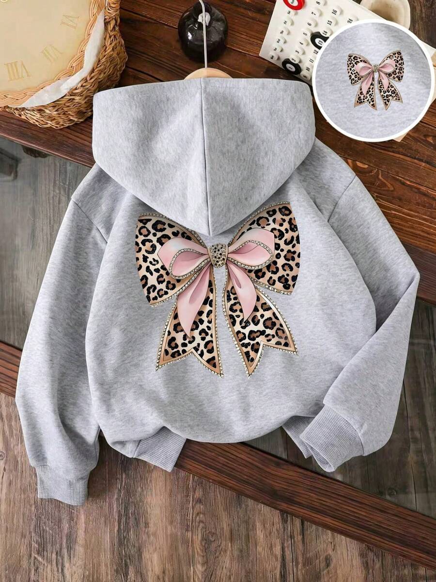 Tween Girl Bow Pattern Warm Sweatshirt - Grey - View 1