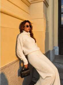 Women's Stylish Cropped Mousse Knit Set With High Neck And Ribbed Wide-Leg Pants - Exclusive - White - View 2