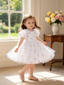 Baby Girls Puff Sleeve Colorblock Bow Print Satin Cute Birthday Dress Suitable For Vacation, No Headband No Bag - Mauve Purple - View 9