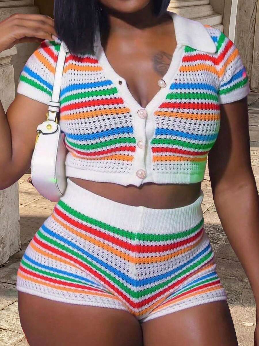 Apperloth A Y2K Rainbow Striped Patchwork Hollow Lapel Button Front Short Sleeve Crochet Cropped Top + Shorts 2 Pieces Set, Suitable For Music Festival In Spring/Summer Elegant - Multicolor - View 1
