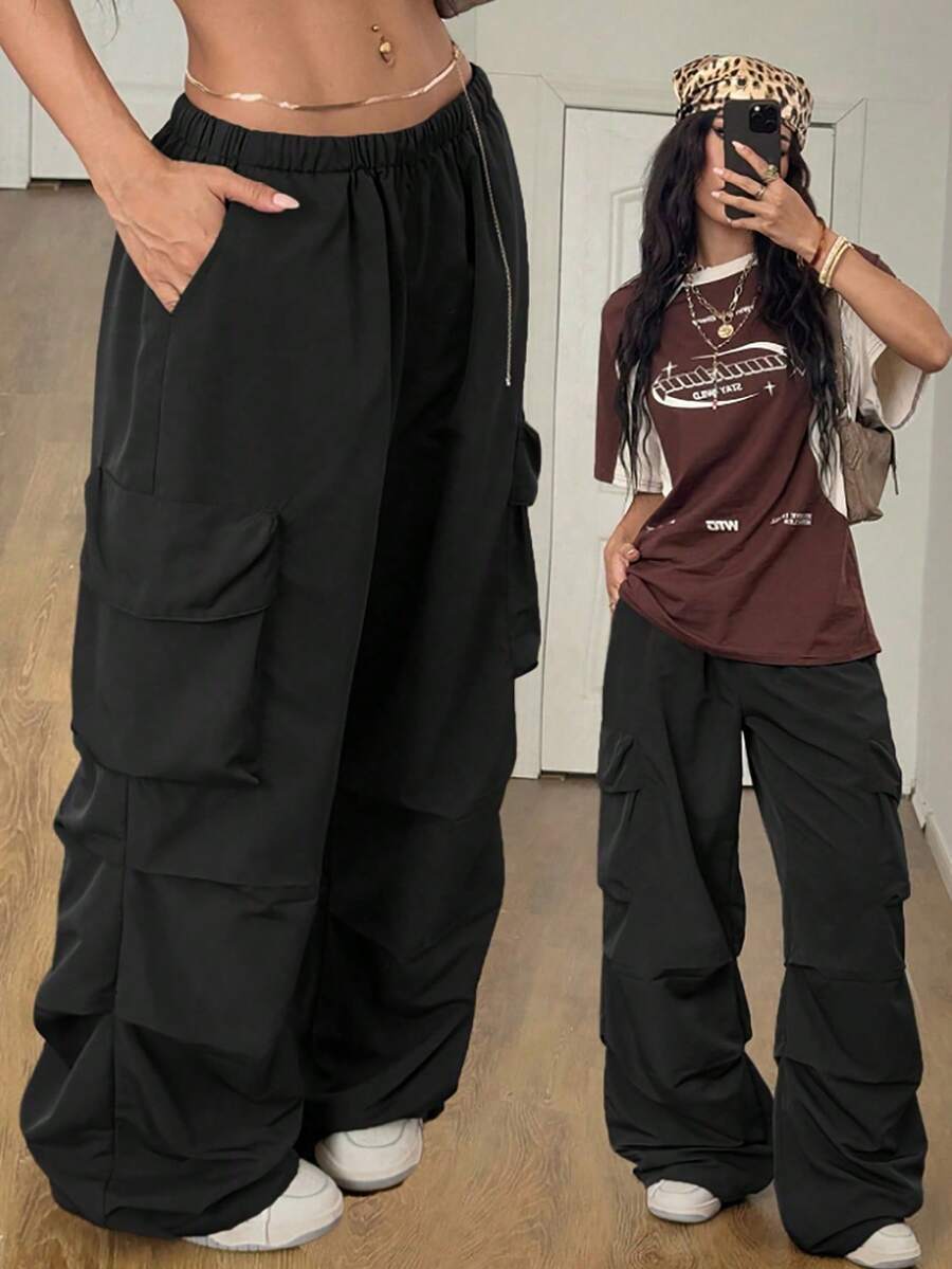 1件青少年女孩休閒寬鬆直筒工裝褲,多口袋設計,適合健身與戶外活動,四季皆宜 - 黑色 - 查看 1