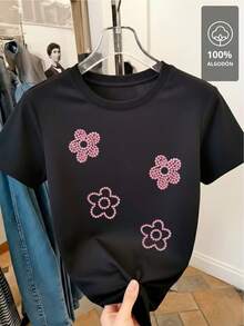 Shirt With Pink Beaded Flowers - Comfortable Fit, Suitable For Travel And Vacation. - 黑色 - 查看 4
