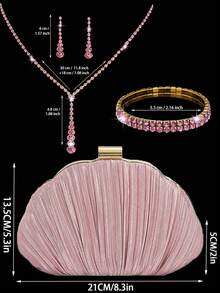 4pcs Rhinestone Jewelry Set, Sparkling Necklace Earrings Bracelet, Pleated Satin Box Evening Clutch Bag, Party Bag, Formal Dress Bag, Evening Bag, Chain Bag, Wedding Clutch, Wedding, Pink, Party Bag, Wedding Supplies - Pink - View 3