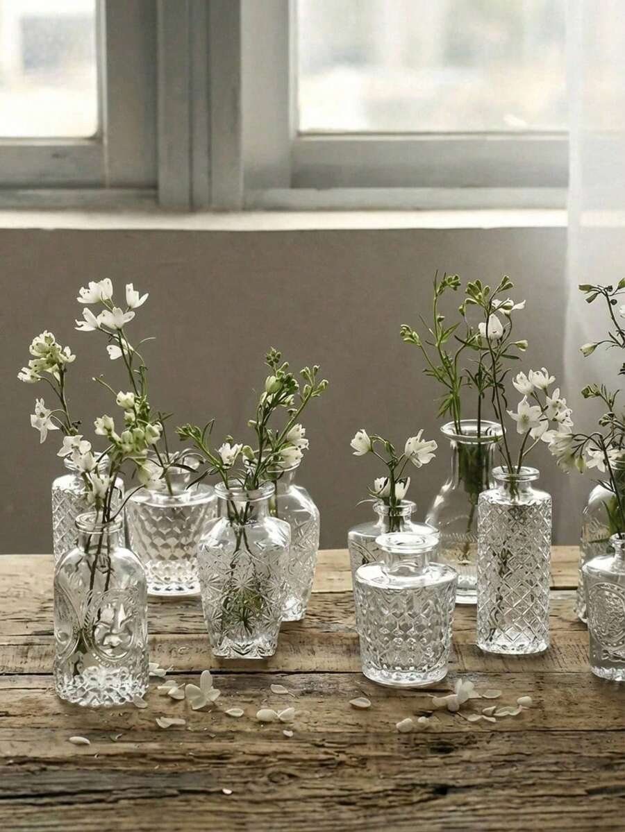 10pcs Vintage Bohemian Style Transparent Glass Vases, Small Clear Vases, Multi-Purpose Bulk Vases, Suitable For Home Decor, Table Centerpieces, Wedding Party Decoration, Christmas Decoration And DIY Diffuser Bottles - Multicolor - View 1