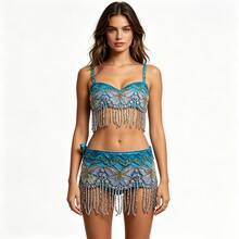 1pc Women's Deep Blue Satin Embroidered Butterfly Waist Chain With Sequins & Beaded Fringe - Belly Dance, Festival, Rave, Coachella, Boho, Beach Party Body Jewelry - Multicolor - View 6