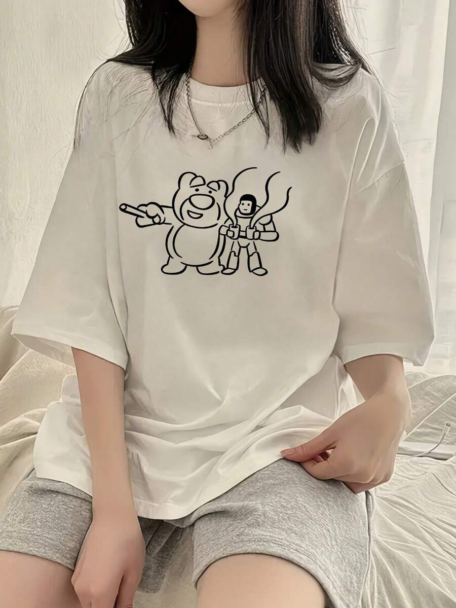 200g 100% Cotton T-Shirt, 2026 Summer Fashion Printed Short-Sleeve T-Shirt, Couple Style, Innerwear, Outerwear, Office Casual Round Neck Short-Sleeve Top - White - View 1