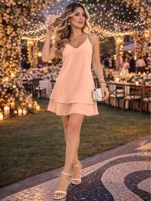 Women's Short Loose Tiered Ruffle Dress Candy Colors Summer Adjustable Straps - Peach - View 1