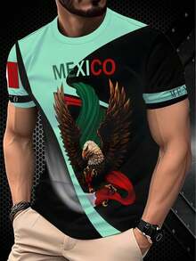 Men's Breathable Quick-Drying T-Shirt - Mexican Eagle Pattern In Green, White, And Red - Lightweight Activewear For Fitness, Travel, And Casual Wear - Fashionable Printed T-Shirt - 灰色 - 查看 1