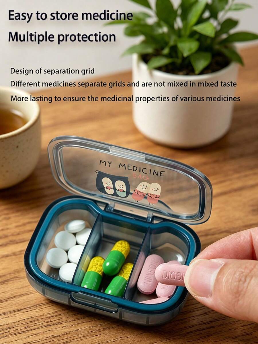 Vigour Summer Cute Pill Pattern Pill Box, Medical Bag, Portable Minimalist Pill Storage Box, 3 Compartments, Suitable For Home And Travel, Portable Travel Mini Pill Box, Waterproof And Moisture-Proof Pill Storage Container, Suitable For Storing Medication, Rings And Other Small Items, Suitable For Various Scenarios Such As Travel Storage, Travel Container, Travel, Office, Etc.