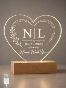 1PC Custom Heart Acrylic LED Night Light, Personalized Couple Initials Lamp With Date, Warm Bedside Decor Gift For Anniversary, Wedding, Engagement, Valentine's Day, Bedroom, Home, Romantic Room Decoration - Multicolor (Style 1) - View 6