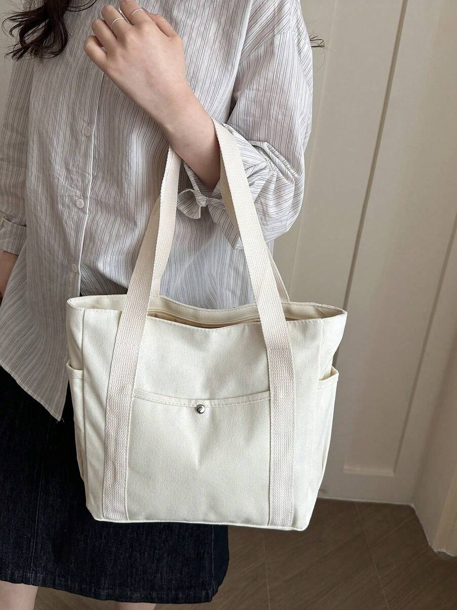 Bolsa de Lona de Gran Capacidad Estilo Universitario, Bolsa Casual, Bolsa de Compras, Bolsa de Hombro Multiusos, Versión Mejorada de Bolsa de Lona - Negro 2 - Ver 1