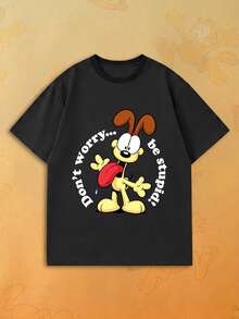 SHEIN | Garfield 女款黑色T恤，趣味吐舌卡通狗圓圈標語印花，寬鬆短袖，適合日常街頭、旅行、約會的女孩休閒穿搭 - 黑色 - 查看 1