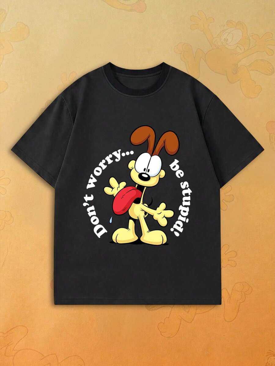 SHEIN | Garfield 女款黑色T恤,趣味吐舌卡通狗圓圈標語印花,寬鬆短袖,適合日常街頭、旅行、約會的女孩休閒穿搭 - 黑色 - 查看 1