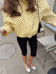 Women's Fashion Polka Dot Loose Stand Collar Casual Drawstring Zip-Up Jacket - Yellow - View 3