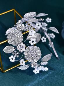 1pc Elegant Bridal Headband Alloy Flower & Leaf Design For Women, Suitable For Wedding Party - Silver - View 4