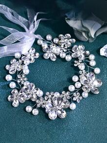 1pc Fashion Rhinestone Faux Pearl Bridal Waist Belt, Wedding Dress Gown Accessory, Women's Belt Suitable For Daily Wear, Party, Holiday, Gathering - Silver - View 6