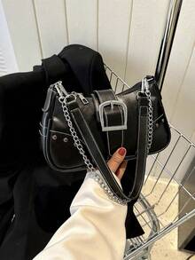 1pc Women's Vintage Mad Max Punk Wanderer Motorcycle Bag, Rivet Decor, Adjustable Shoulder Strap, Large Capacity Soft Faux Oil Wax Gradient Leather Shoulder Bag, Underarm Bag, Baguette Bag, Square Bag, Suitable For Work, Commute, Dating, Party - Black - View 5