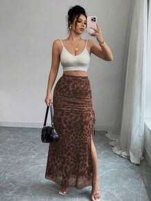 xuehuamaoyi02  Falda A-Line con abertura alta, cintura elástica y estampado de leopardo elegante de malla para mujer - Caqui - Ver 1