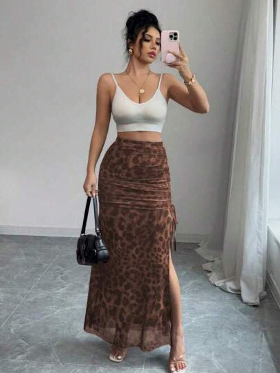 xuehuamaoyi02 Falda A-Line con abertura alta, cintura elástica y estampado de leopardo elegante de malla para mujer - Caqui - Ver 1