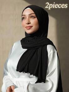 2pcs Women's Casual Solid Color Modal Soft Headscarf With Ruffle Edge, Arabic Style Long Headwrap, Conservative Plain Headscarf For Daily Use - Black 2-pack - View 2