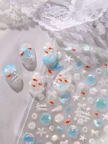 5D 浮雕金魚海洋美甲貼紙，全息藍色波浪貝殼海星自黏式美甲貼花，夏季海灘度假多巴胺風 DIY 美甲裝飾，適用於夏季居家沙龍美甲與穿戴甲配件，1 張 - 淺藍色 - 查看 4