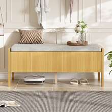Shoe Bench, Storage Bench, Bench With Woven Rattan Side Panels, 2 Drawers, Color: Natural, Dimensions: 113 * 45.5 * 40 Cm - Wood Color + Gray - View 2